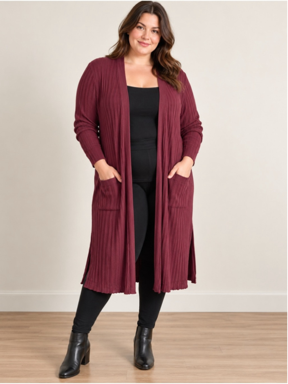 Reitmans Long Open-Front Ribbed Cardigan - Burgundy Size XXL Fall Office